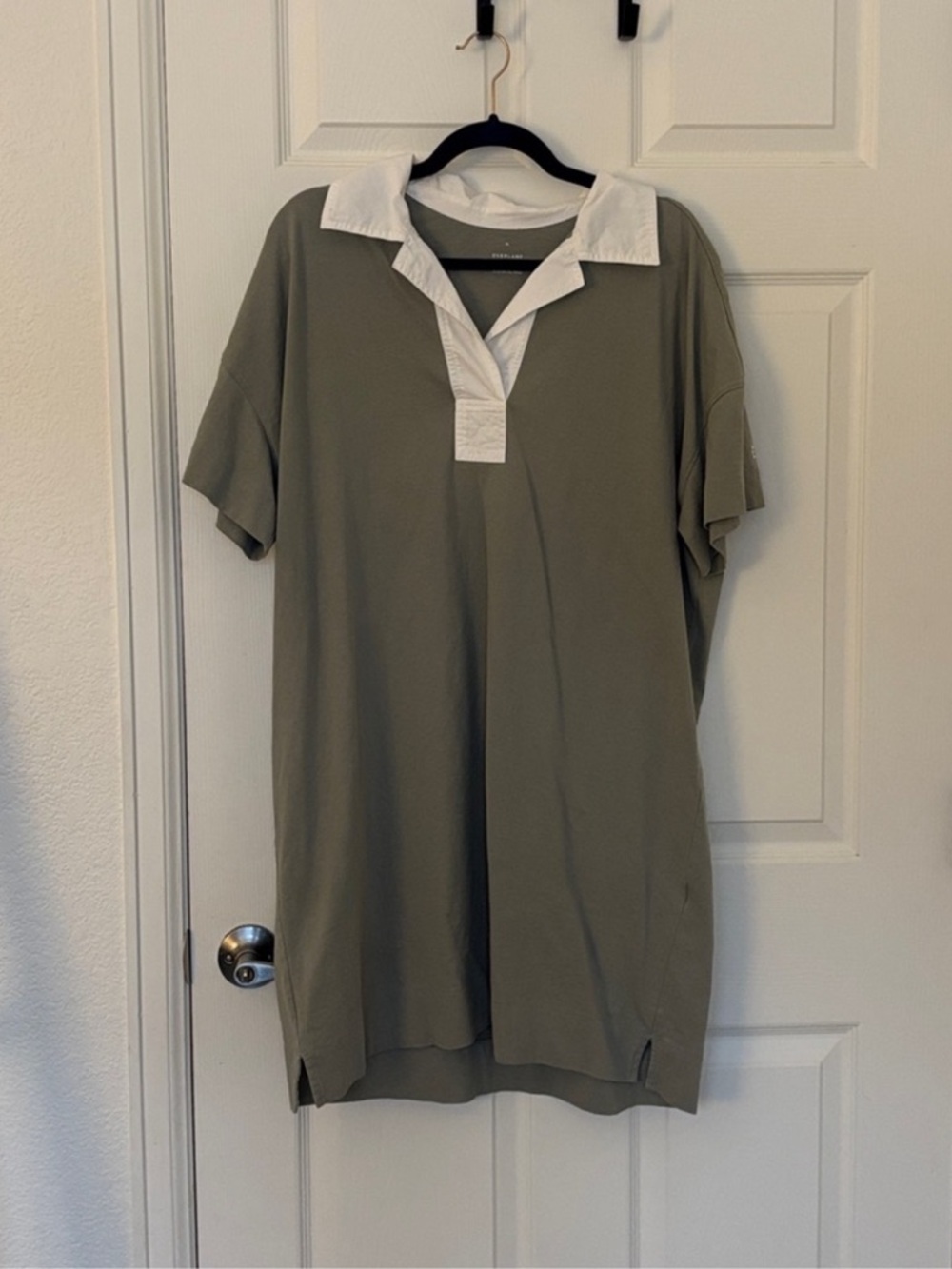 Everlane Green and White Cotton Polo Collared Shift Shirt Dress XL